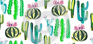 Bright cute beautiful abstract lovely mexican tropical floral herbal summer green set of a cactus paint like child vector illustra