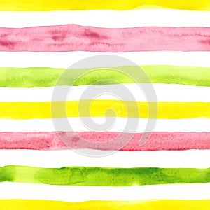 Bright cute watercolor seamless pattern with pink, yellow and green horizontal strips and lines on white background. Striped