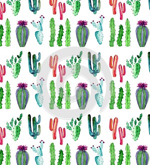 Bright cute wonderful mexican tropical green floral summer pattern of a colorful cacti with flowers vertical pattern