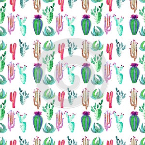 Bright cute wonderful mexican tropical herbal floral summer pattern of a colorful cacti with flowers vertical pattern