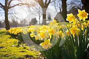 bright daffodils in full bloom under spring sunlight