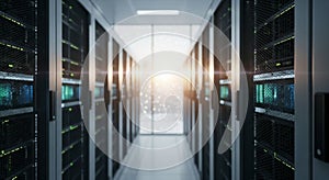 Bright Data Center Hallway: Rows of Server Racks Symbolizing Advanced Network and Cloud Computing