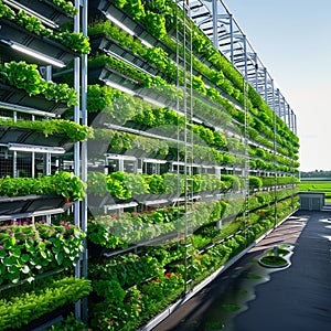Bright daytime view of vertical farm exterior, emphasizing innovative farming