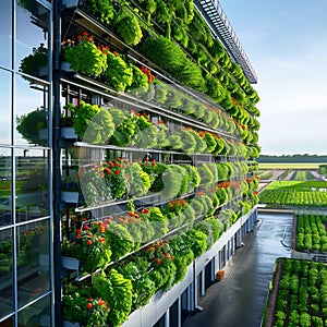 Bright daytime view of vertical farm exterior, emphasizing innovative farming