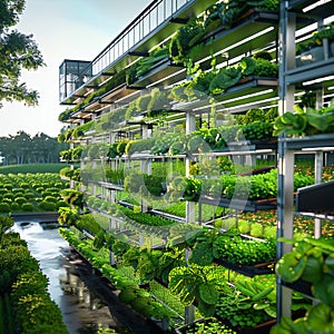 Bright daytime view of vertical farm exterior, emphasizing innovative farming