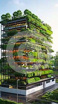 Bright daytime view of vertical farm exterior, emphasizing innovative farming