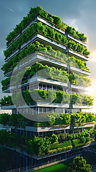 Bright daytime view of vertical farm exterior, emphasizing innovative farming