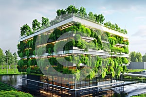 Bright daytime view of vertical farm exterior, emphasizing innovative farming