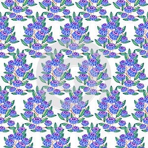 Bright decorative pattern with green leaves and blueberries. Hand drawn tempera illustration isolated on white background.