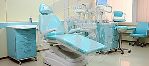 Bright dental clinic interior in calming light blue and white tones for patient comfort