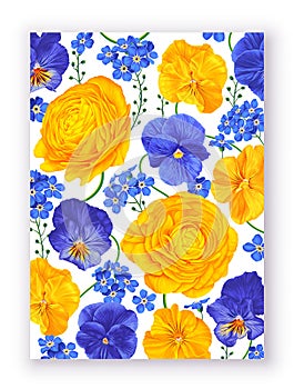 Bright design with realistic flowers of ranunculus, viola and forget-me-not.