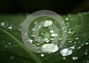 Bright dew on green leaf