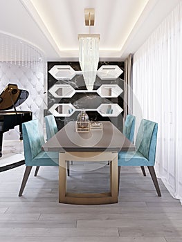 Bright dining room in contemporary style, with designer dining table and chairs photo