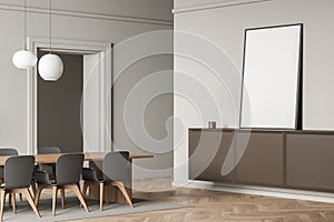 Bright dining room interior with empty white poster, five chairs