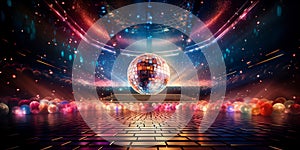 Bright disco scene with neon lights and dazzling disco ball as the centerpiece