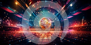 Bright disco scene with neon lights and dazzling disco ball as the centerpiece