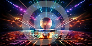 Bright disco scene with neon lights and dazzling disco ball as the centerpiece