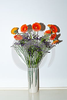 A bright display of flowers, a flower pot filled with yellow and orange african daisys