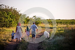 Bright diversity family walks on the paths in field with Samoyed dog. Traveling with pets