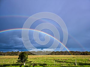 A Bright Double Rainbow over a Tree Lined Paddock