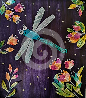 Bright dragonfly kids papercut art. Happy character insect painting paper collage. Summer night texture flower baby