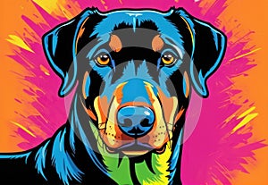 Bright drawing of a dog, doberman, on a T-shirt on a dark background. Satirical, pop art style, vibrant colors, iconic