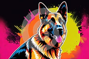 Bright drawing of a dog, german shepherd, on T-shirt on a dark background. Satirical, pop art style, vibrant colors