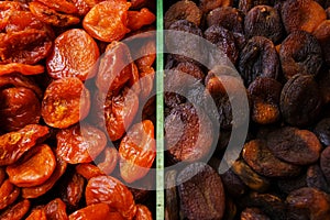 Bright dried apricots are of two types top view