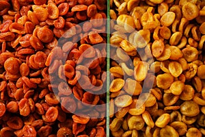 Bright dried apricots are of two types top view