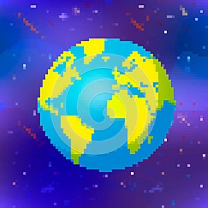 Bright earth planet in pixel art style, colorful globe on space background
