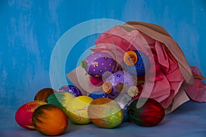A bright Easter composition consisting of hand-painted eggs