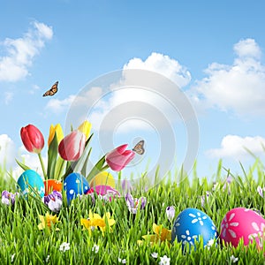 Bright Easter eggs and flowers in grass against blue background, space for text