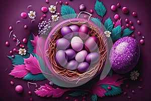 Bright easter eggs on a magenta background. With Generative AI tehnology