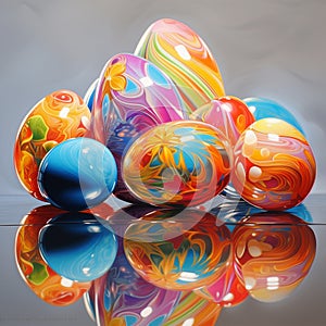Bright Easter eggs on the surface, with reflection in the water