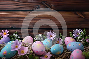 Bright Easter eggs and vibrant spring flowers against rustic wood