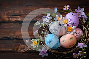 Bright Easter eggs and vibrant spring flowers against rustic wood