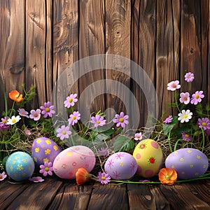 Bright Easter eggs and vibrant spring flowers against rustic wood