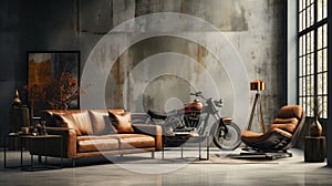 Bright eclectic living room interior in loft style. Concrete grunge wall, vintage brown leather sofa and armchair