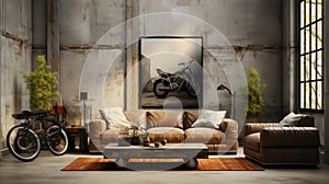 Bright eclectic living room interior in loft style. Gray concrete walls, vintage leather sofa and armchair, rough coffee