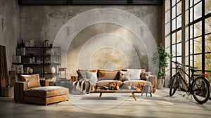 Bright eclectic living room interior in loft style. Gray concrete walls, vintage leather sofa and armchair, rough coffee