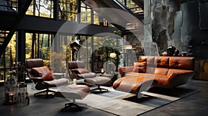 Bright eclectic living room interior in luxury cottage. Dark gray walls, vintage leather sofa and armchairs, home decor