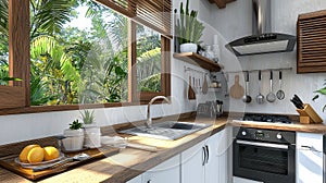 Bright and Eco-Friendly Compact Kitchen Interior with Natural Light and Greenery in Modern Setting