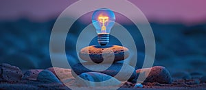 Blue light bulb atop balanced stones photo