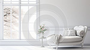 A bright, elegant living room featuring a white chaise lounge and a vase of flowers, radiating a sense of luxury and comfort