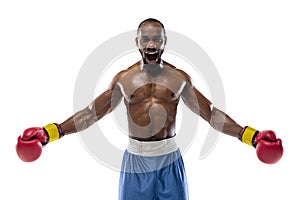 Bright emotions of professional boxer isolated on white studio background, excitement in game