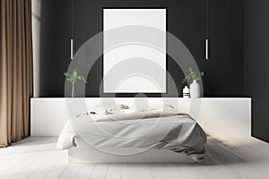 Bright empty bedroom with a blank white frame on the black wall, flowers in the flowerpots, white linen, curtains, front view,