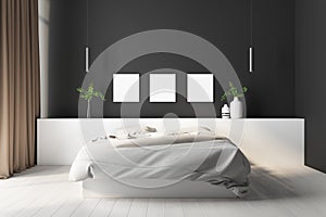 Bright empty bedroom with three blank white posters on the black wall, flowers in the flowerpots, white linen, curtains, front
