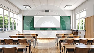 Bright and Empty Classroom with Projector Screen