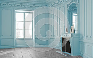 Bright, empty and light blue colored room with big windows. Fireplace and wall decoration.