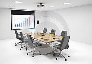 Modern conference room with projector screen displaying business growth charts